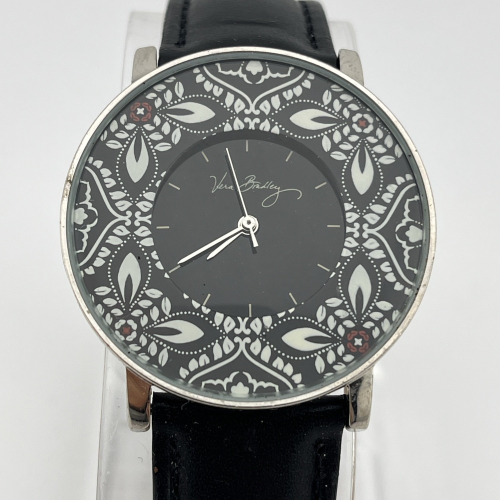 Vera Bradley Watch Women‎ Barcelona Pattern Black Leather Band- New Battery